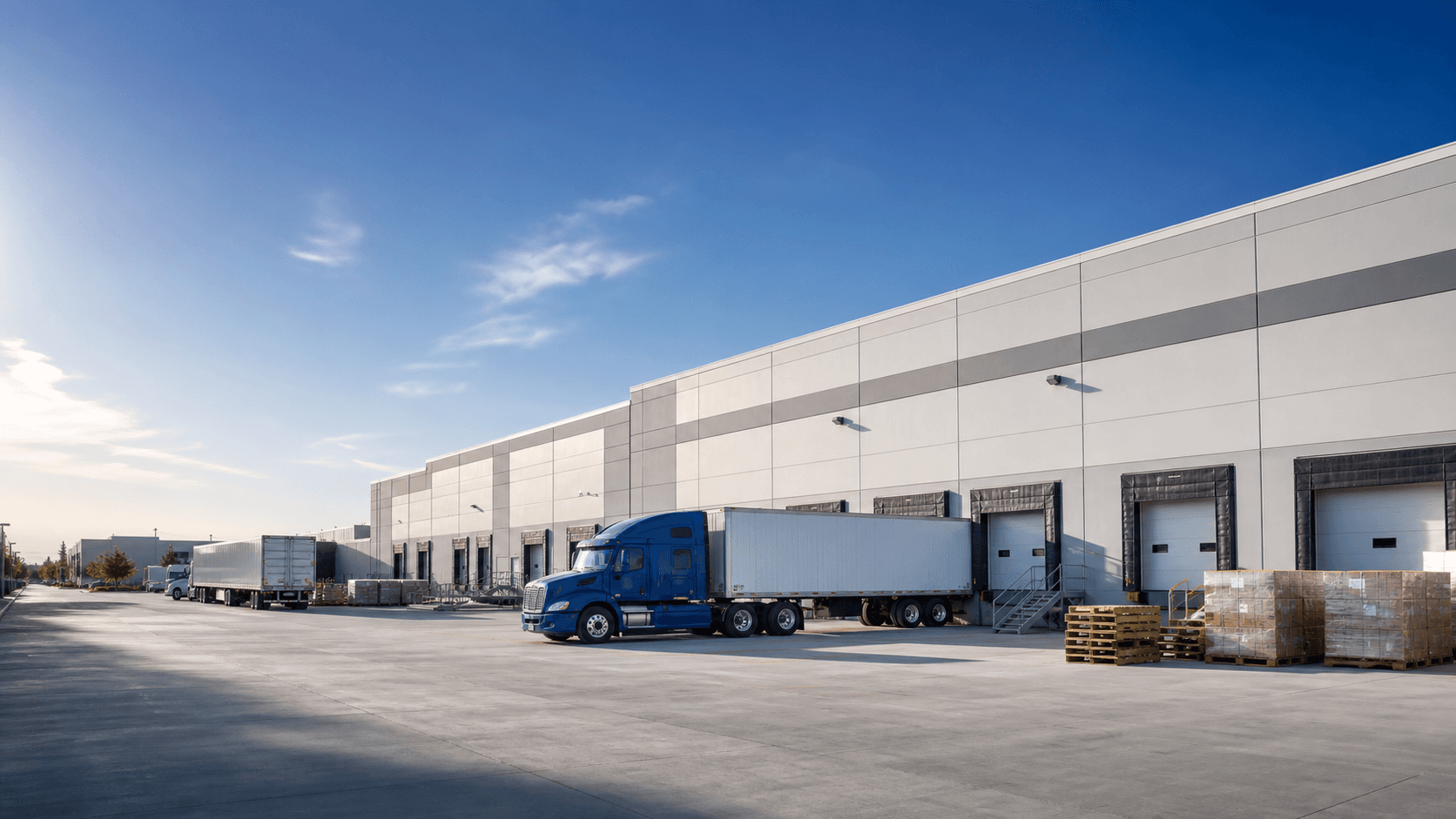 Modern warehouse loading docks with freight trucks